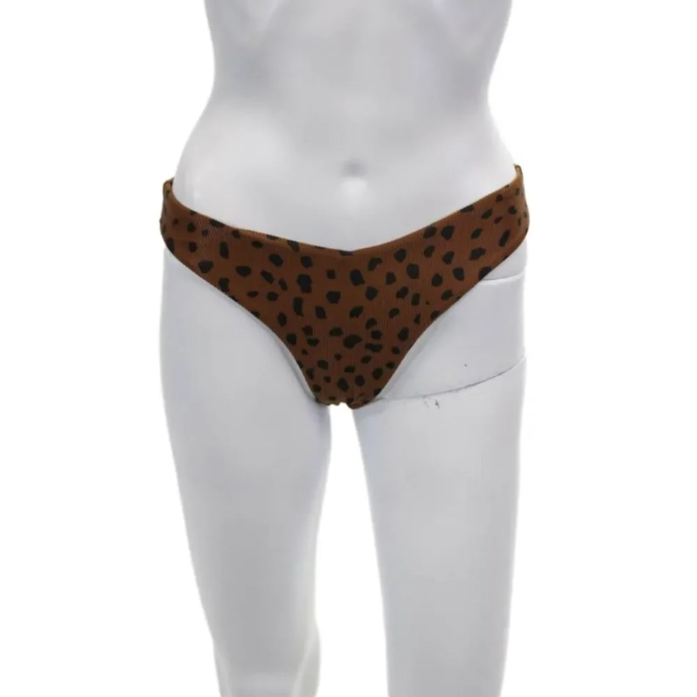 Beach Riot Womens Ribbed Knit Leopard Print Cheeky Bikini Bottoms Brown Size XS